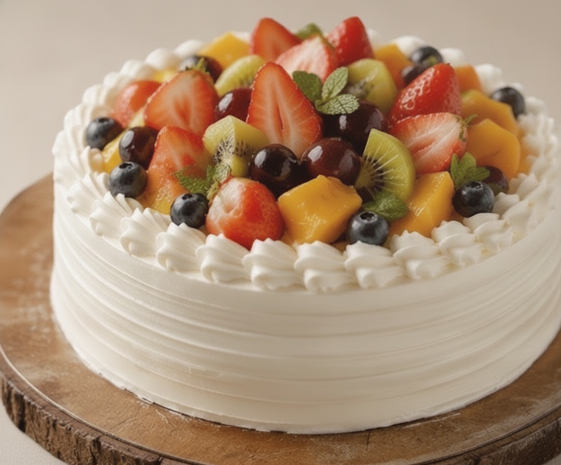 Fresh fruit cream celebration cake topped with strawberries, kiwi, blueberries and cherries